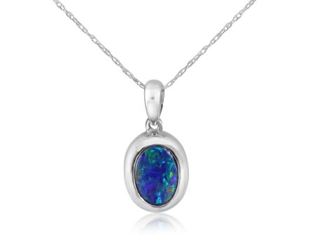 14K White Gold 5x7 Oval Australian Opal Doublet Pendant with Bail Fashion