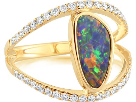 14K Yellow Gold Australian Opal Doublet Diamond Ring Fashion