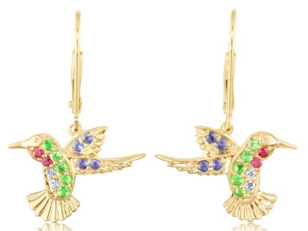 14K Yellow Gold Tsavorite Ruby Blue Sapphire Hummingbird Earrings Online Hot Sale