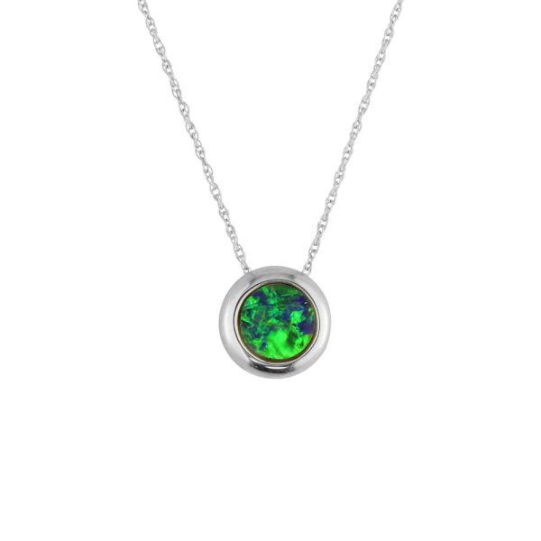 14K White Gold 6mm Round Australian Opal Doublet Pendant with Chain Sale