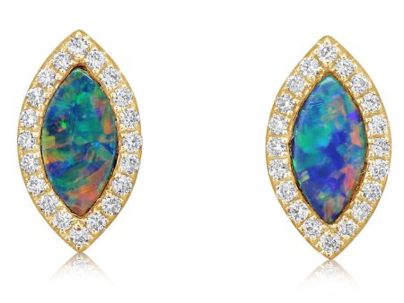 14K Yellow Gold Australian Opal Doublet Diamond Earrings For Sale