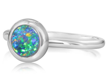 14K White Gold 6mm Round Australian Opal Doublet Ring For Discount