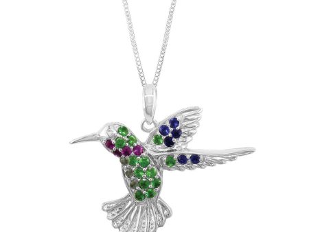 14K White Gold Ruby Tsavorite Blue & White Sapphire Reversible Hummingbird Pendant (22x25.5) on Sale