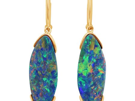 14K Yellow Gold Australian Opal Doublet Earrings For Sale