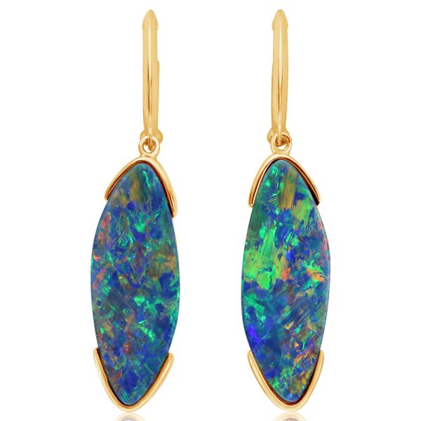 14K Yellow Gold Australian Opal Doublet Earrings For Sale