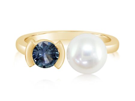 14K Yellow Gold White Freshwater Cultured Pearl Montana Sapphire Ring Discount