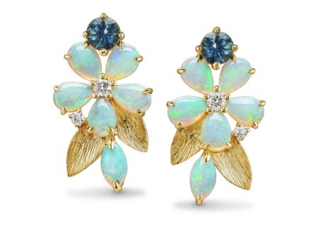 14K Yellow Gold Australian Opal Montana Sapphire  Diamond Flower Earrings Supply