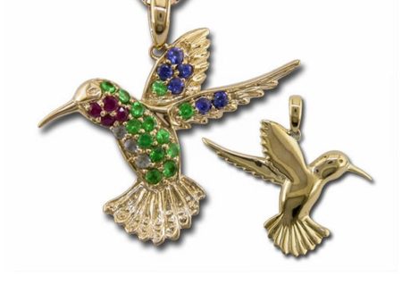 14K Yellow Gold Ruby Tsavorite Blue & White Sapphire Hummingbird Reversible Pendant (22x25.5) ,H Online Hot Sale