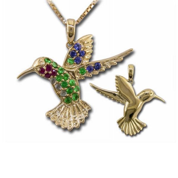 14K Yellow Gold Ruby Tsavorite Blue & White Sapphire Hummingbird Reversible Pendant (22x25.5) ,H Online Hot Sale